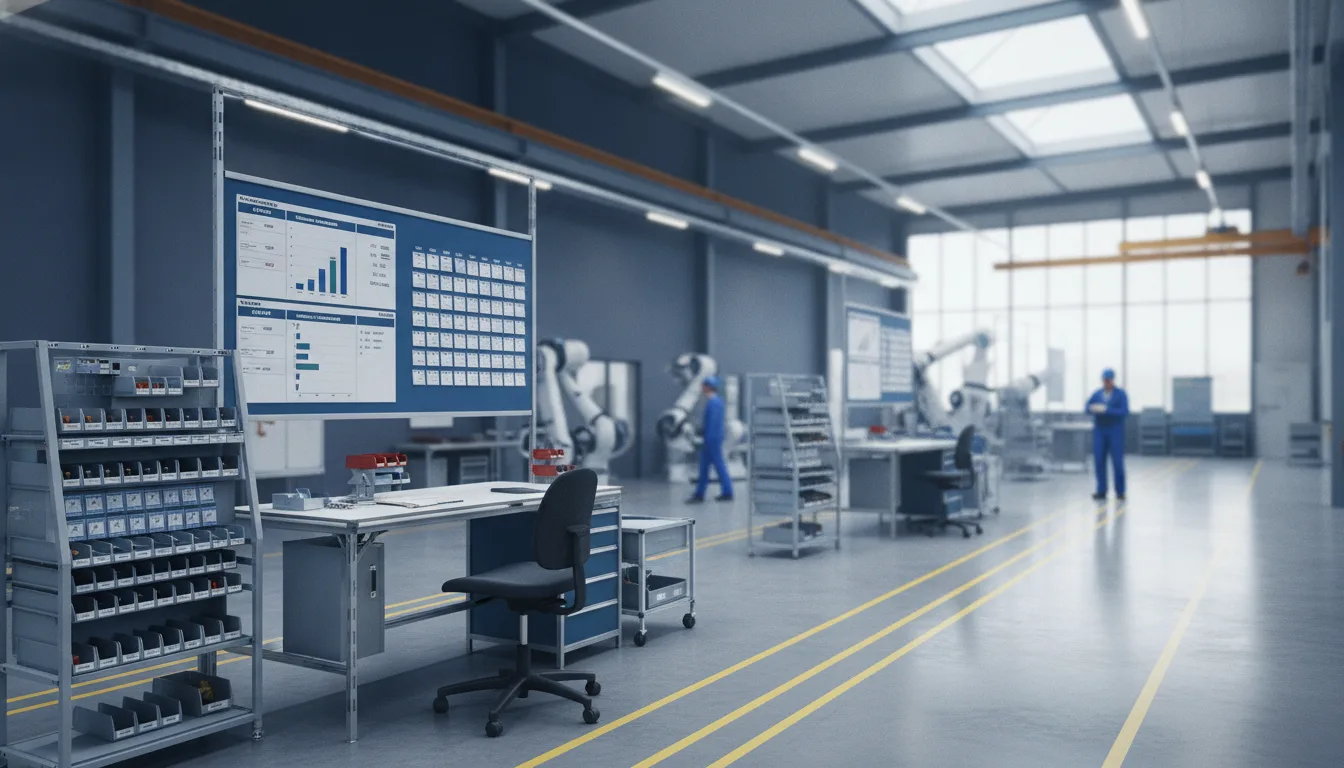 Organisierter Produktionsbereich mit Shopfloor-Management-Board, Kanban-System und 5S-Kennzeichnung