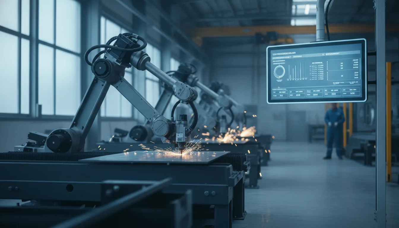 Produktionsanlage mit digitaler Anzeige zur OEE-Erfassung in moderner Fertigungshalle