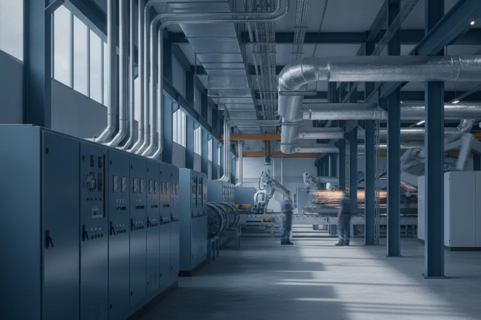 Produktionshalle mit Energieinfrastruktur und Maschinen für Energieaudit nach DIN EN 16247