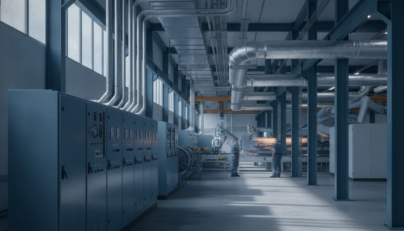 Produktionshalle mit Energieinfrastruktur und Maschinen für Energieaudit nach DIN EN 16247