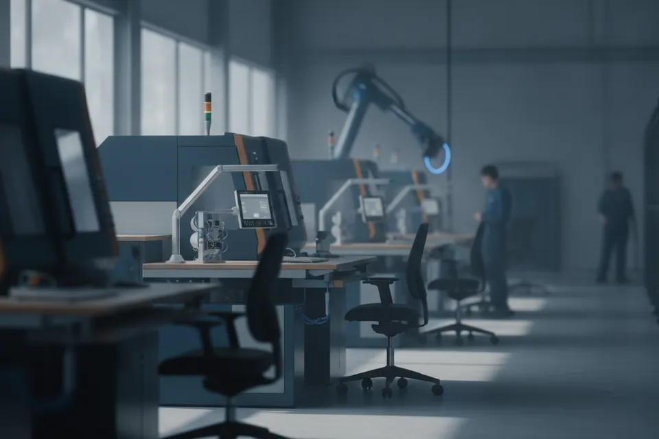 Produktionshalle mit ergonomischen Arbeitsplätzen und heller Beleuchtung