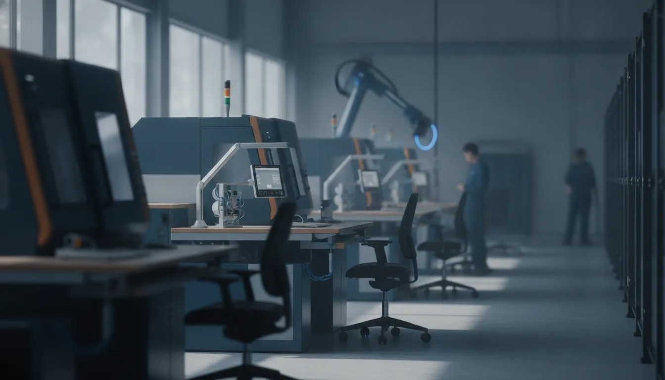 Produktionshalle mit ergonomischen Arbeitsplätzen und heller Beleuchtung