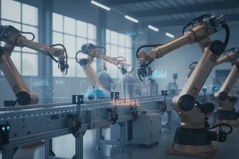 Produktionshalle mit Maschinen, Sensoren und Datenvisualisierung für KI-gestützte Fertigung