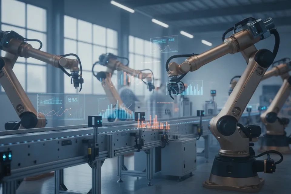 Produktionshalle mit Maschinen, Sensoren und Datenvisualisierung für KI-gestützte Fertigung