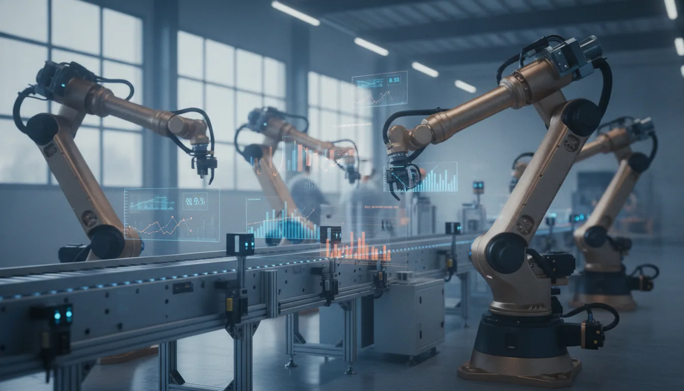 Produktionshalle mit Maschinen, Sensoren und Datenvisualisierung für KI-gestützte Fertigung