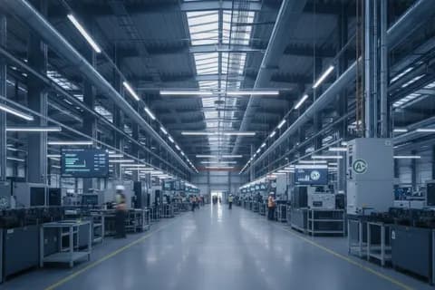 Produktionshalle mit sichtbarer Energieinfrastruktur und Monitoring-Systemen für Energiemanagement nach DIN EN ISO 50001