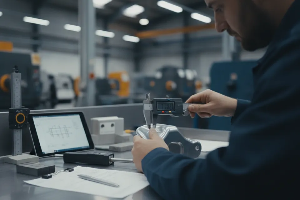 Qualitätskontrolle in der Produktion mit Messgerät und Dokumentation