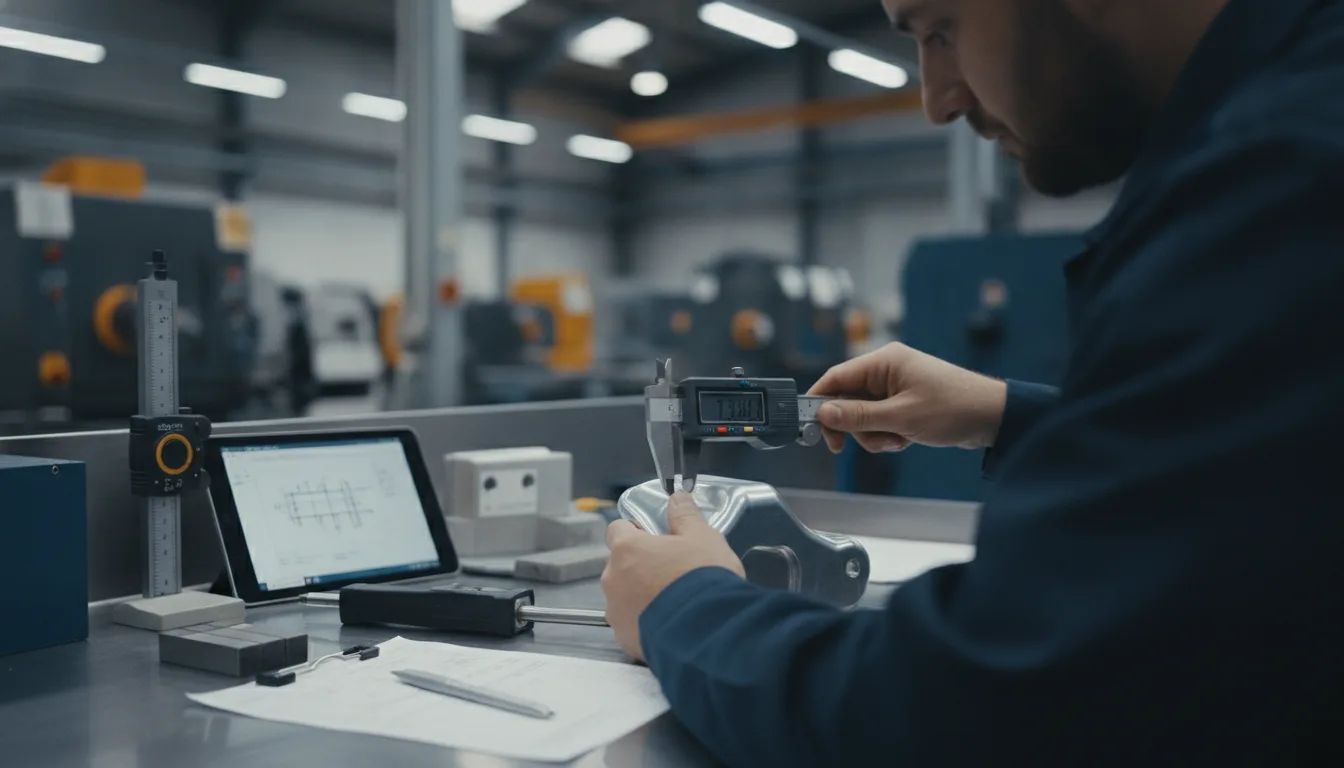 Qualitätskontrolle in der Produktion mit Messgerät und Dokumentation