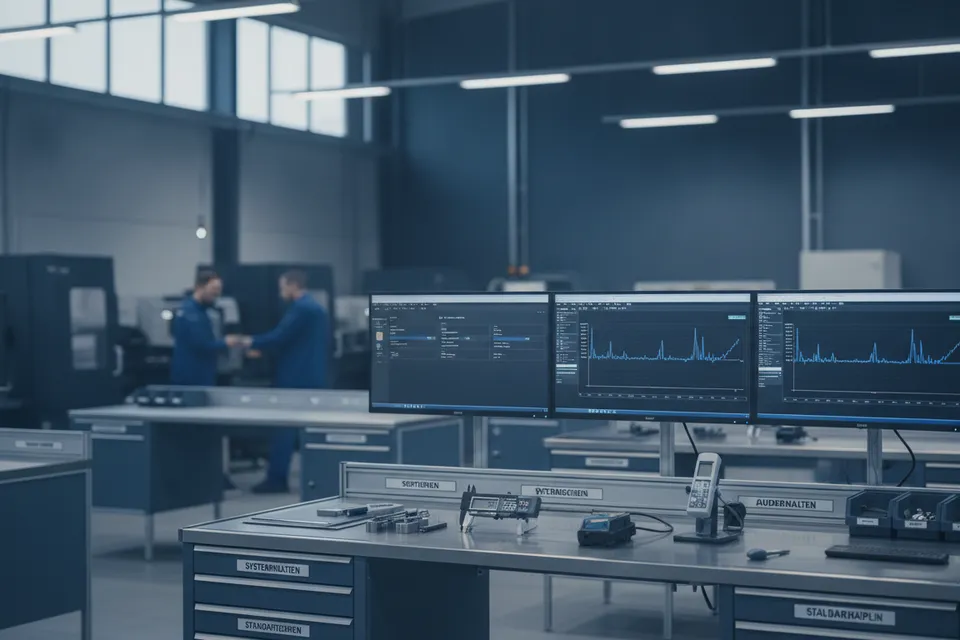 Qualitätsmanagement in der Produktion: Prüfstation mit Messgeräten und Regelkarten