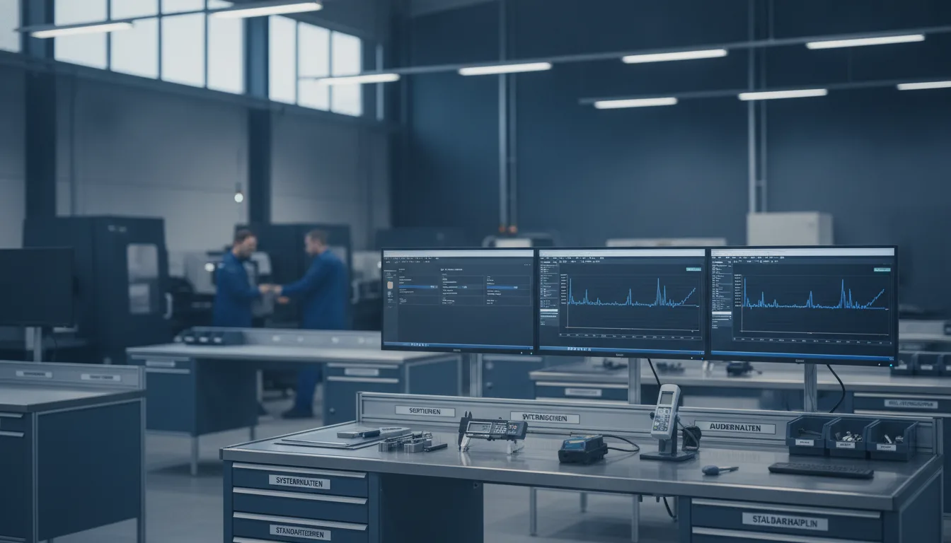 Qualitätsmanagement in der Produktion: Prüfstation mit Messgeräten und Regelkarten