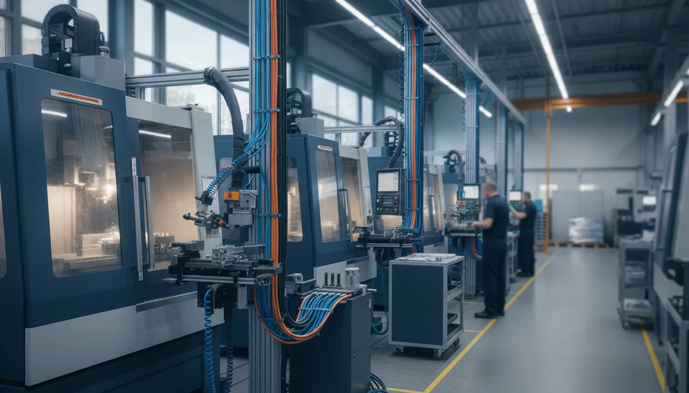 Vernetzte Fertigungshalle mit Maschinen und Dateninfrastruktur für MES-System