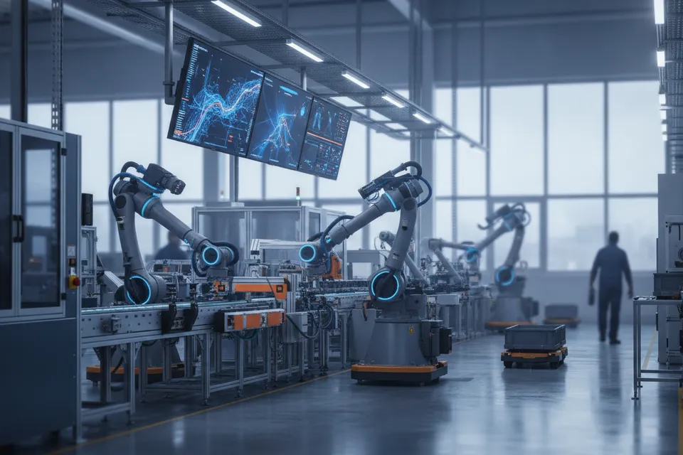 Vernetzte Produktionsanlage einer Smart Factory mit Robotern, Sensoren und digitalen Anzeigesystemen