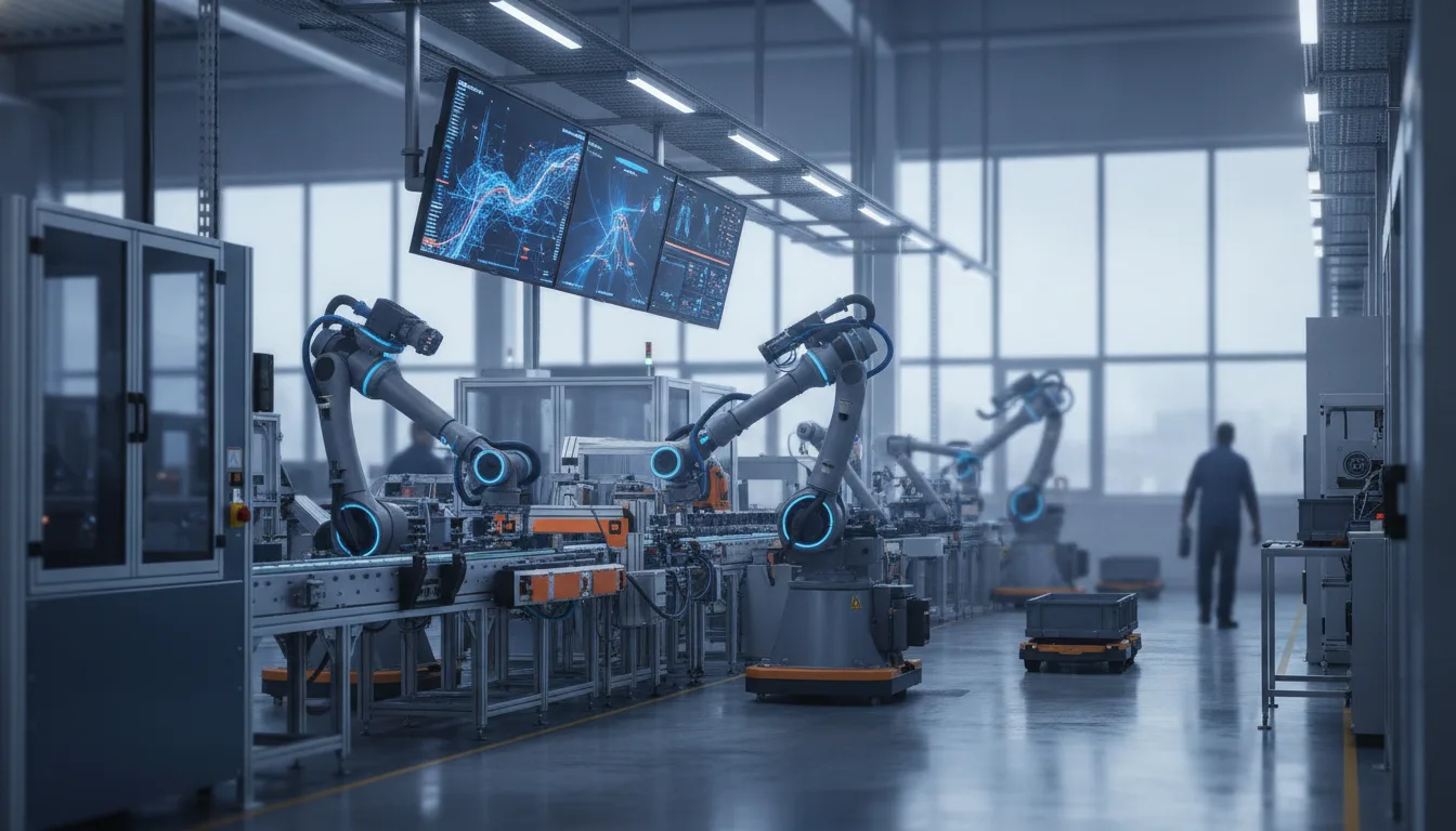 Vernetzte Produktionsanlage einer Smart Factory mit Robotern, Sensoren und digitalen Anzeigesystemen