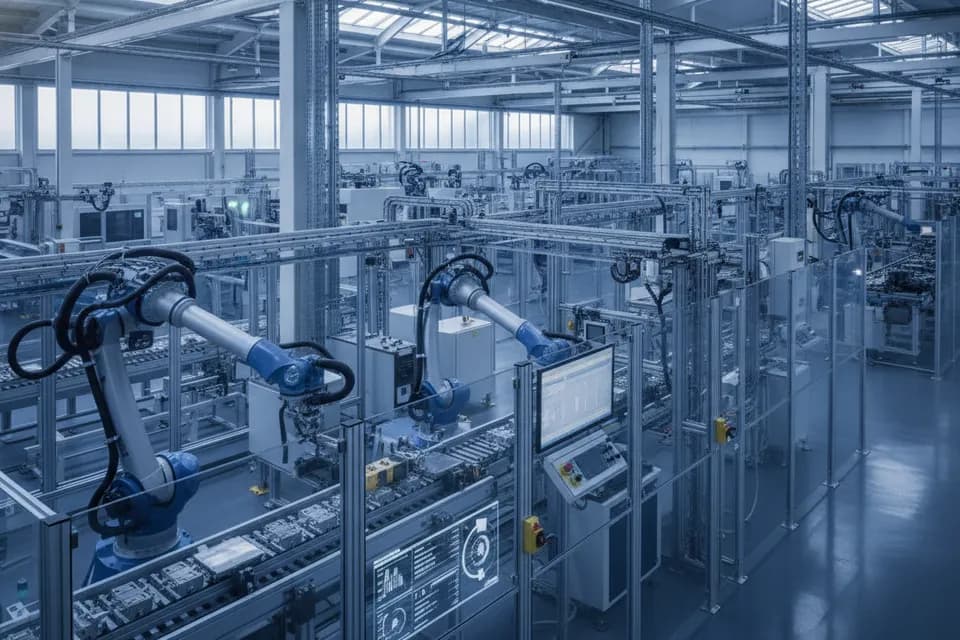 Vernetzte Produktionsanlage mit Maschinen, Sensoren und digitalen Anzeigen in einer Smart Factory