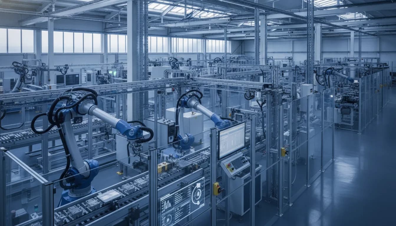 Vernetzte Produktionsanlage mit Maschinen, Sensoren und digitalen Anzeigen in einer Smart Factory