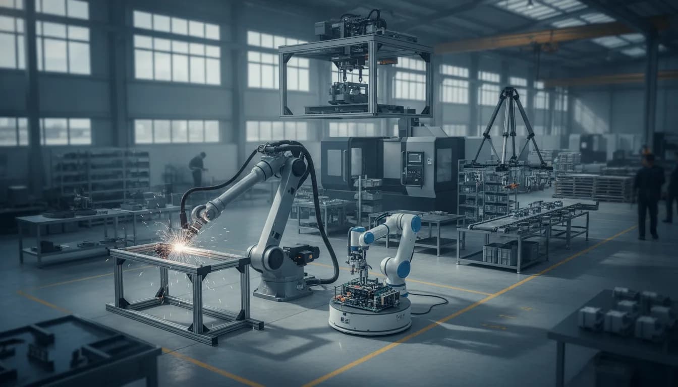 Verschiedene Industrieroboter-Arten in Produktionshalle: Knickarmroboter, SCARA-Roboter, Delta-Roboter und Portalroboter im Einsatz