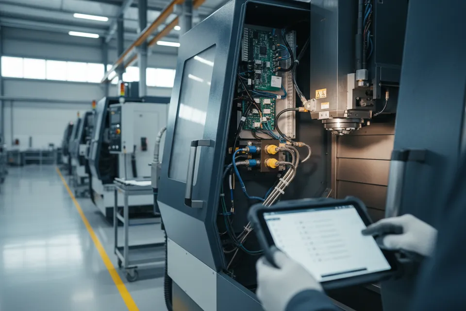 Wartungsarbeiten an einer CNC-Fräsmaschine mit digitalem Wartungsplan