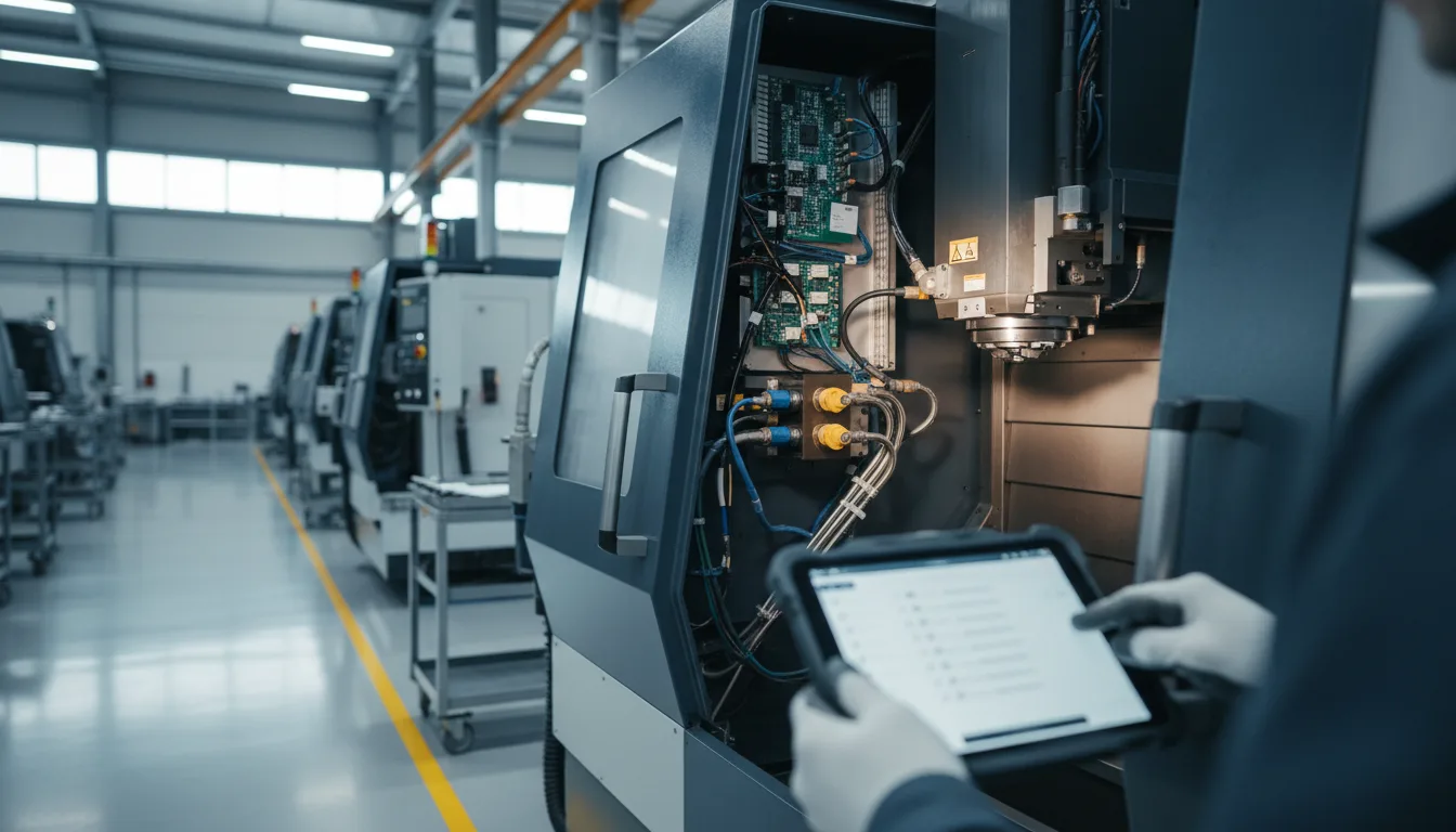 Wartungsarbeiten an einer CNC-Fräsmaschine mit digitalem Wartungsplan