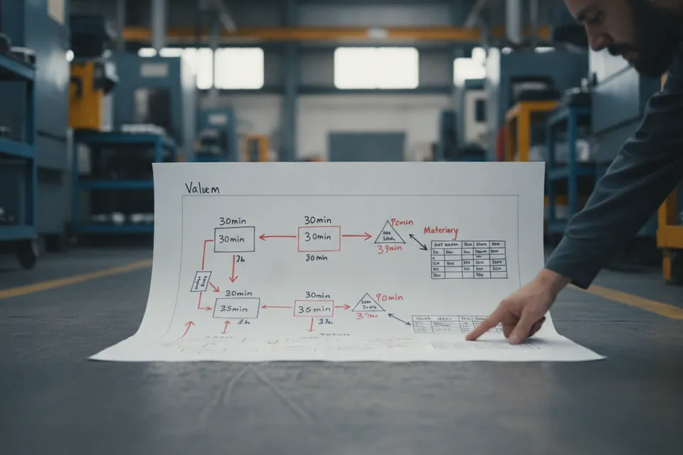 Wertstromdiagramm auf Papier in einer Produktionshalle mit Prozesskästen, Symbolen und Kennzahlen