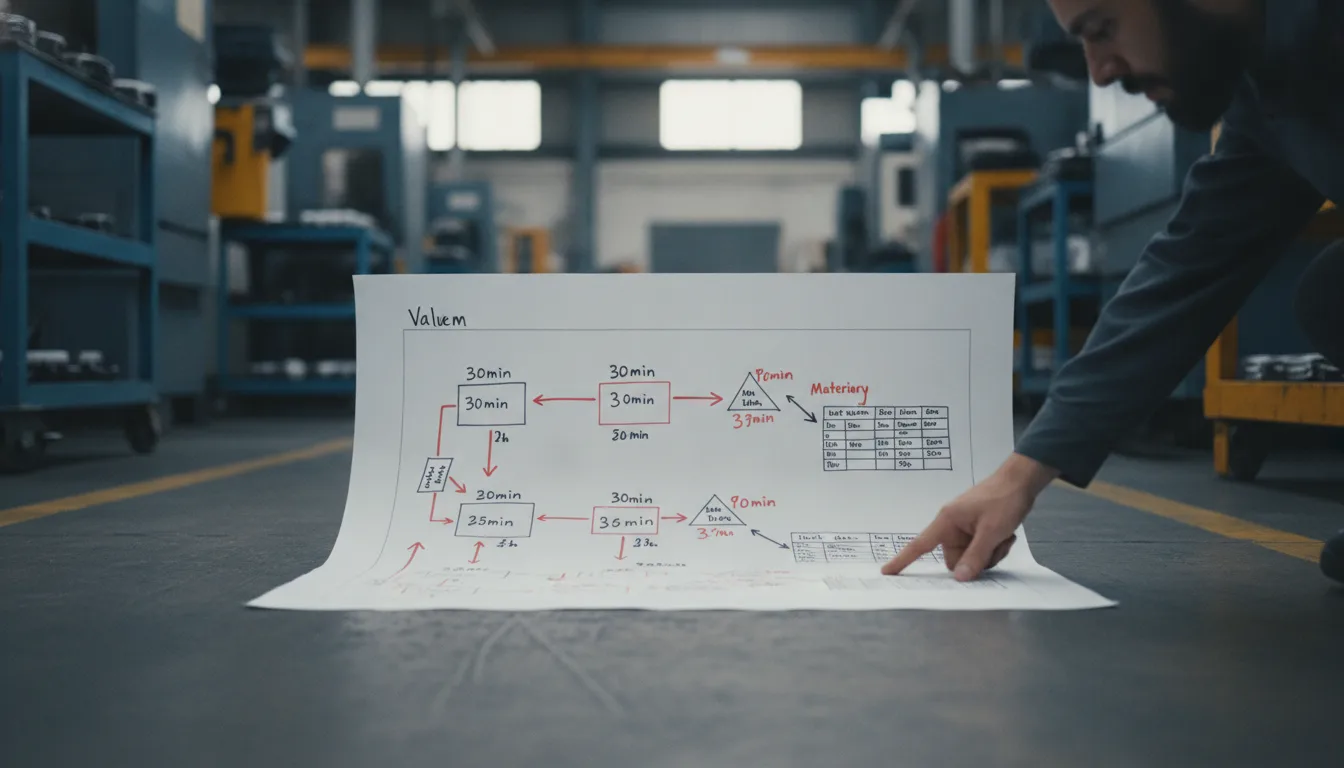 Wertstromdiagramm auf Papier in einer Produktionshalle mit Prozesskästen, Symbolen und Kennzahlen