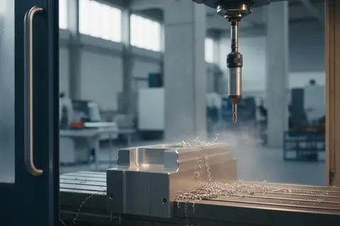 CNC-Fräsmaschine bearbeitet ein Aluminiumbauteil, Späne und Kühlschmierstoffnebel in einer Fertigungshalle