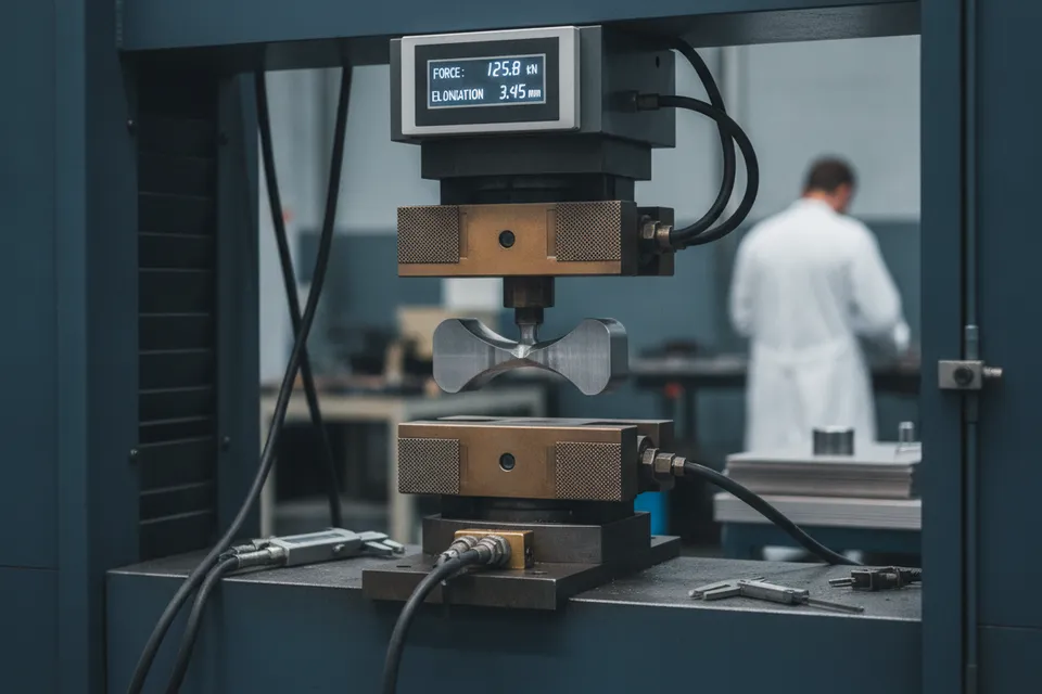 Zugprüfmaschine mit eingespannter Metallprobe in einem Werkstoffprüflabor