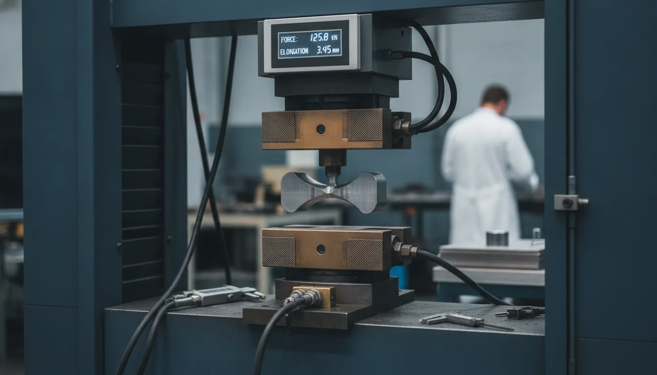 Zugprüfmaschine mit eingespannter Metallprobe in einem Werkstoffprüflabor